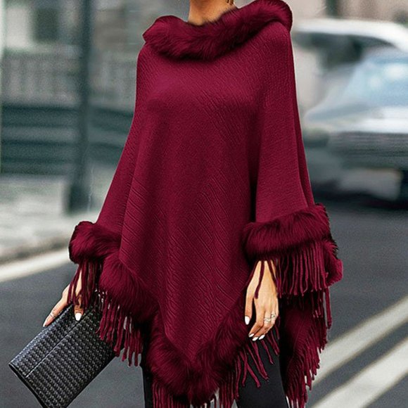 NWT La Mode | Red Wine Faux Fur-Trim Fringe-Accent Poncho - Picture 1 of 5
